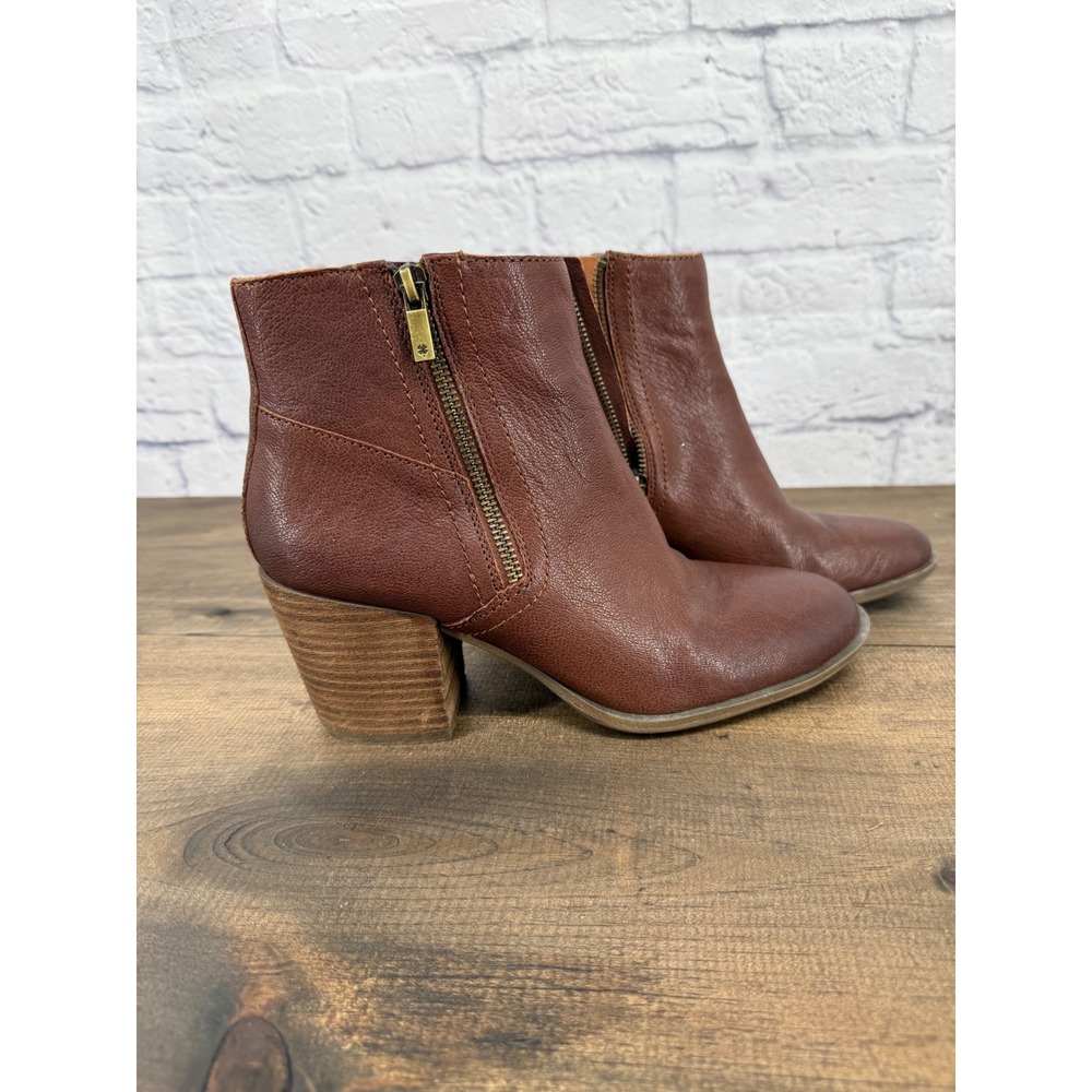 Lucky Brand Bamlea Brown Leather Side Zip Ankle Boots Block Heel Size 8.5M